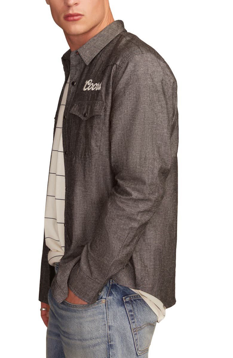 Lucky Brand Coors<sup>®</sup> Rodeo Embroidered Cotton Graphic Snap-Up Western Shirt, Alternate, color, Black Heather