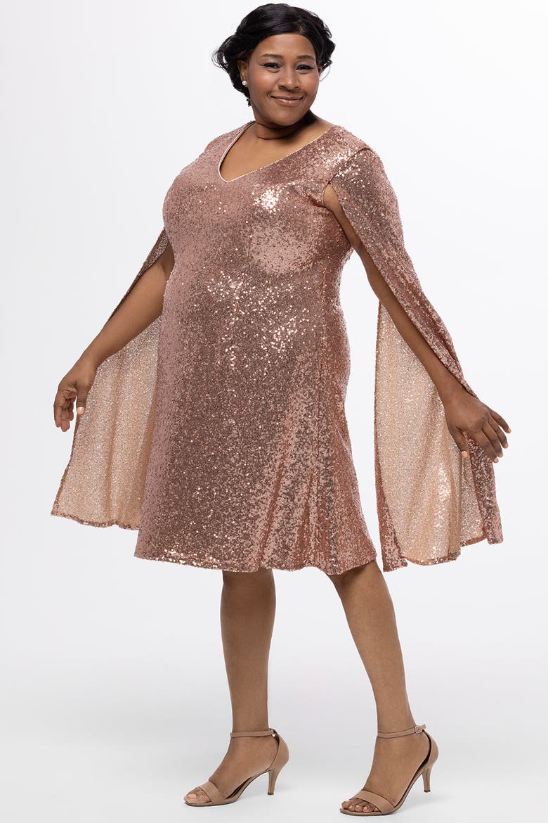 Sequin V-Neck Cape Sleeve Plus Size Party Dress, Alternate, color, Rose Gold