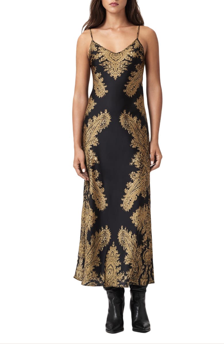 AllSaints Bryony Paisley Stretch Satin Slipdress, Main, color, Ella Black