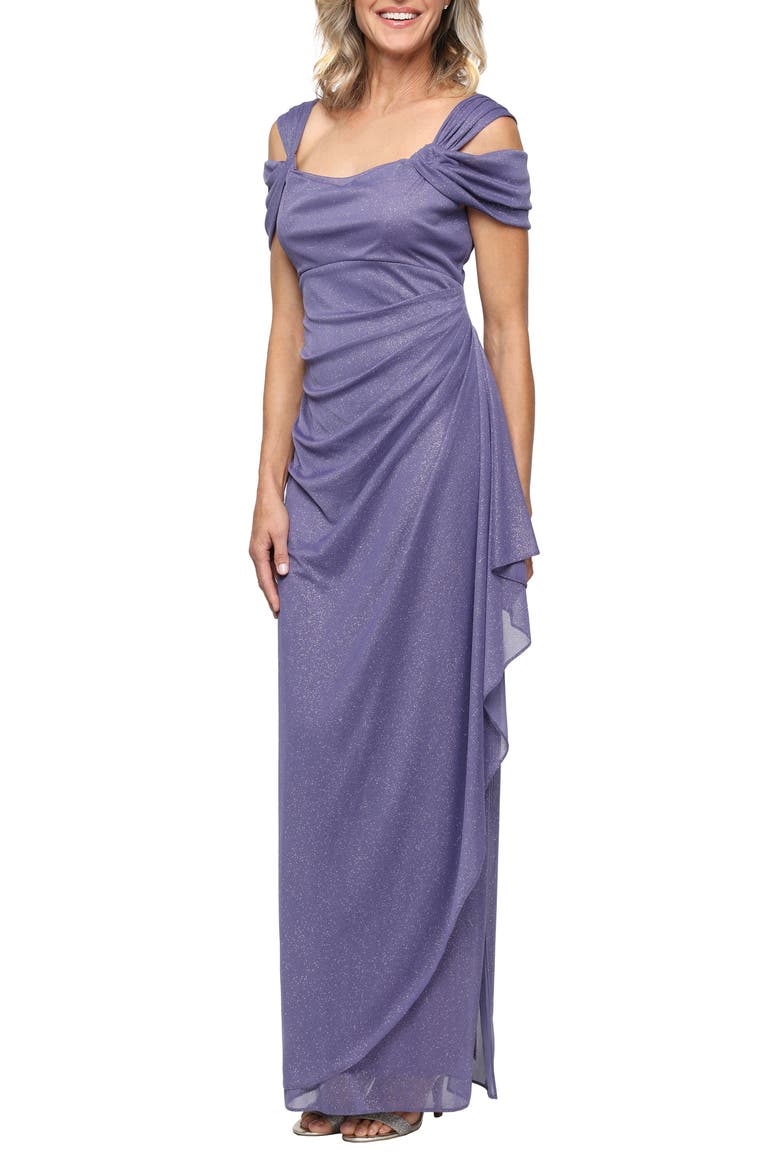 Cold Shoulder Ruffle Glitter Chiffon Gown, Main, color, ICY ORCHID