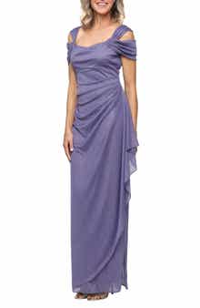 Cold Shoulder Ruffle Glitter Chiffon Gown