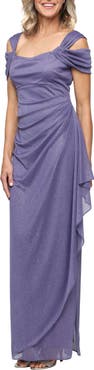 Alex Evenings Cold Shoulder Ruffle Glitter Chiffon Gown