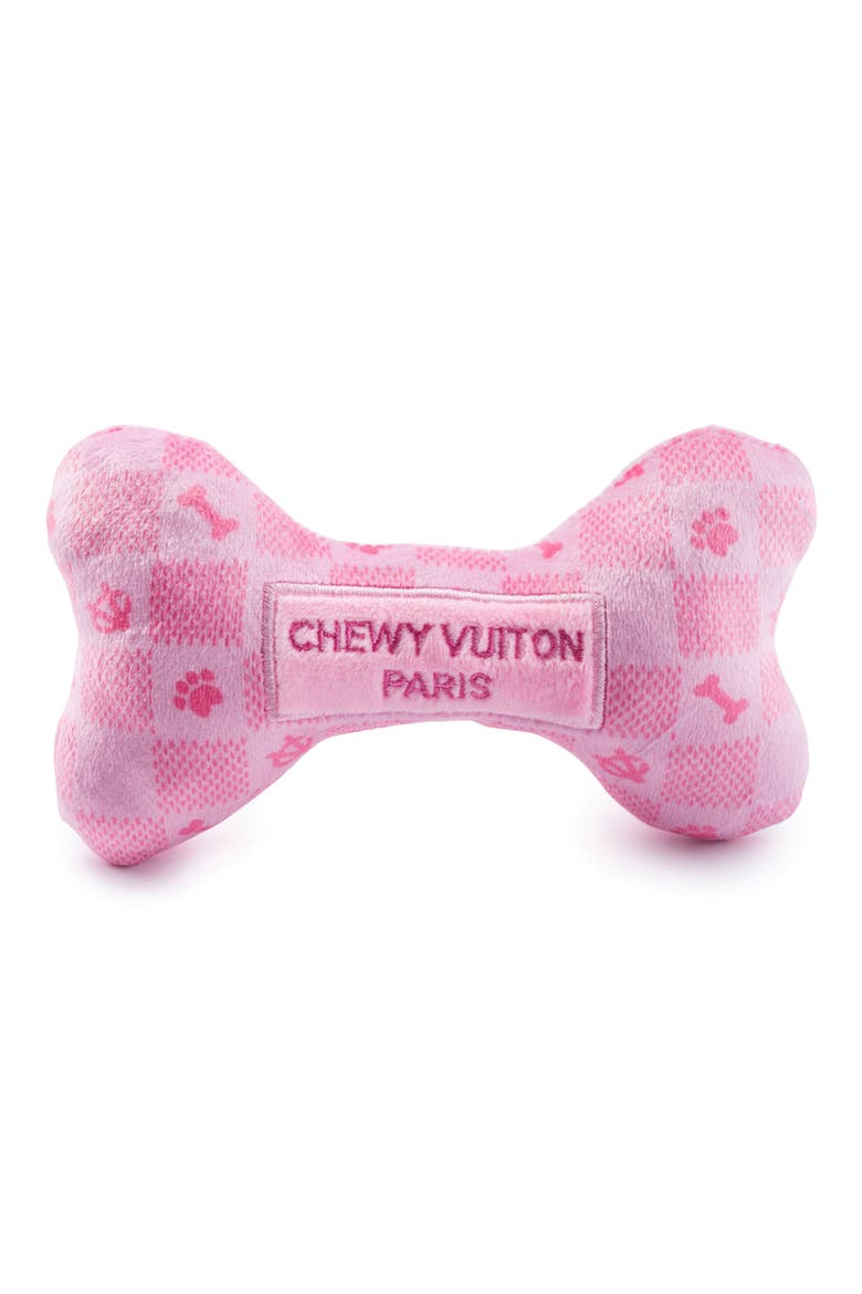 Chewy Vuiton Checker Bone Plush Dog Squeaker Toy, Main, color, PINK