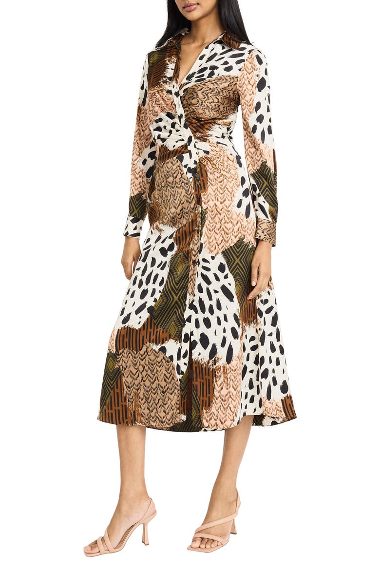 Print Long Sleeve Shirtdress, Alternate, color, CINNAMON/ DEEP OLIVE