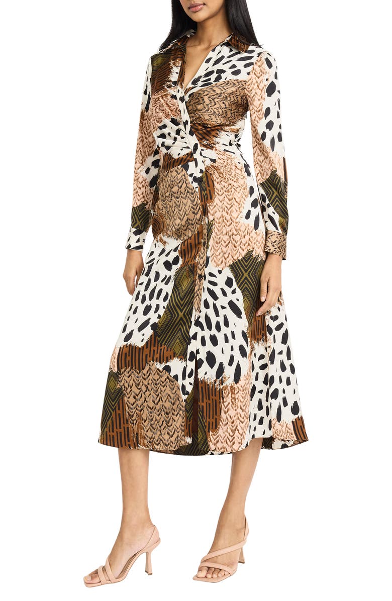 Donna Morgan Print Long Sleeve Shirtdress, Alternate, color, Cinnamon/ Deep Olive