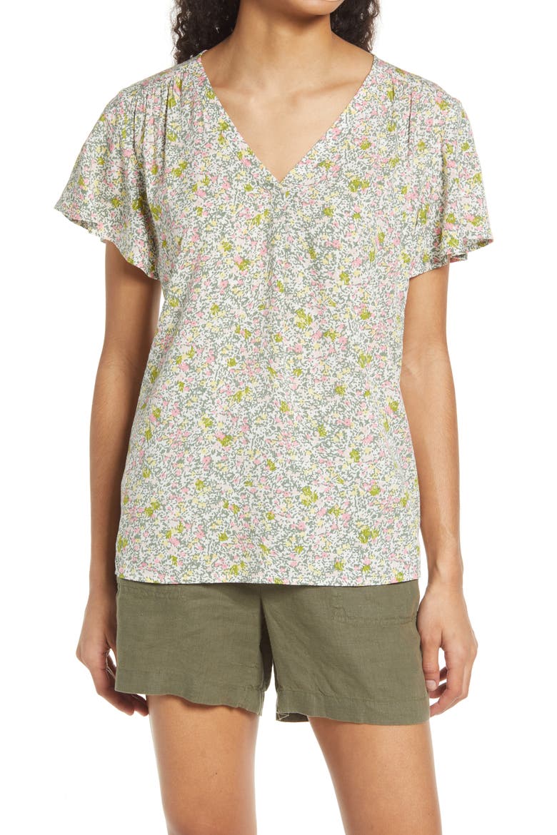 Dobby Flutter Sleeve Top, Main, color, IVORY PINK GREEN CAMO DITSY