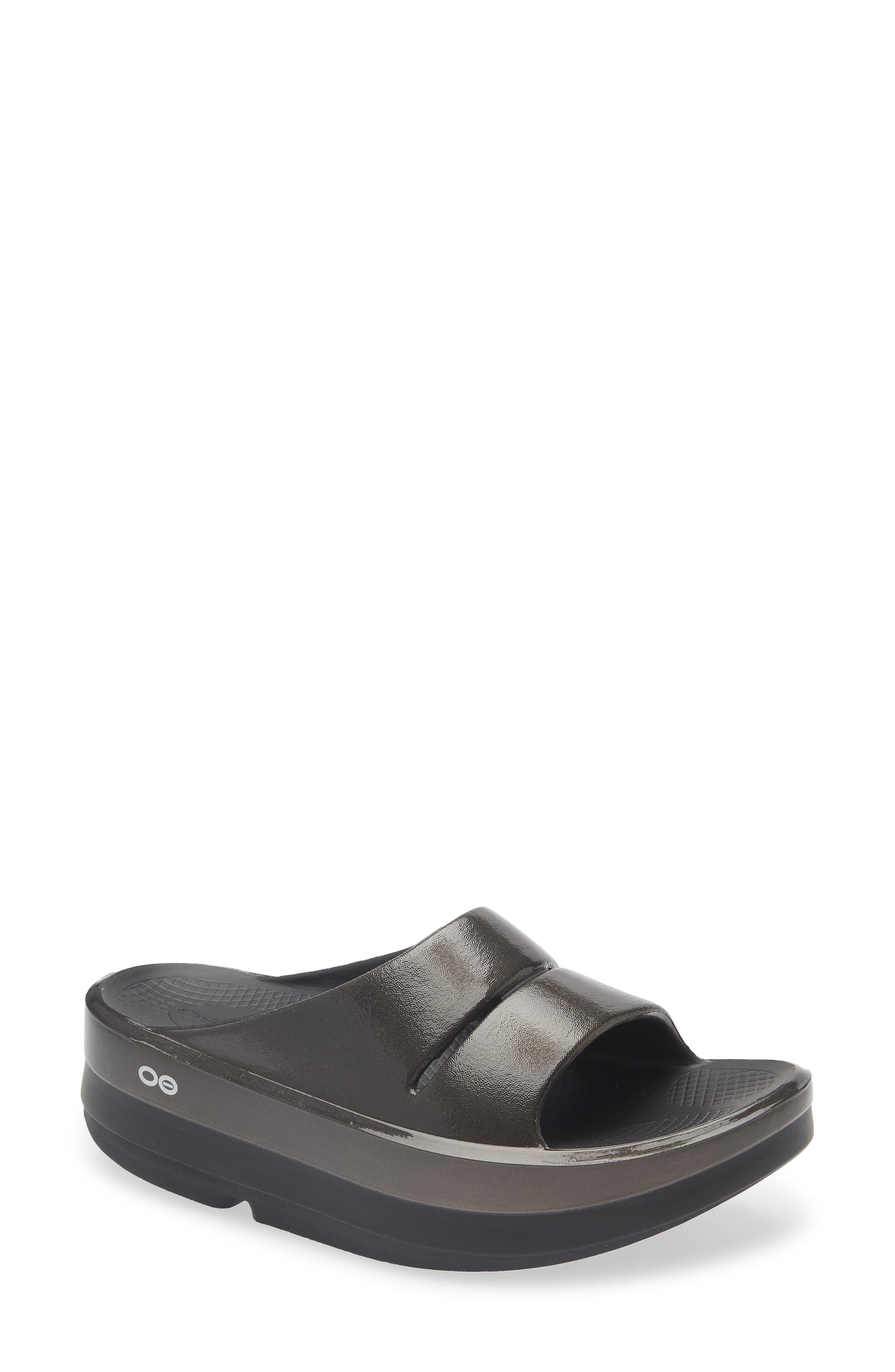 Oofos OOmega OOahh Slide Sandal, Main, color, Black/ Titanium Mirror