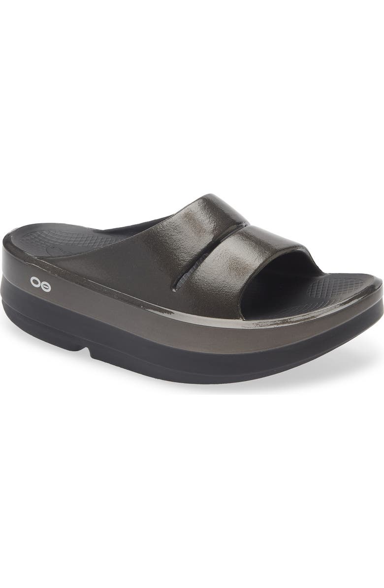 Oofos OOmega OOahh Slide Sandal, Main, color, Black/ Titanium Mirror