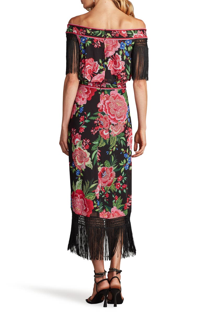 Tadashi Shoji Floral Off the Shoulder Fringe Detail Midi Dress, Alternate, color, Black/ Fuchsia Floral