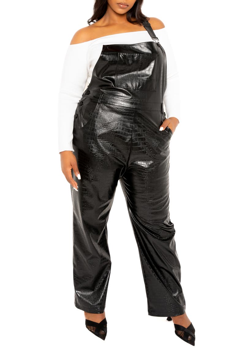Croc Embossed Faux Leather Overalls, Main, color, BLACK