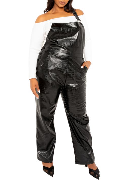 Croc Embossed Faux Leather Overalls (Plus)