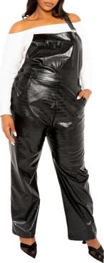 BUXOM COUTURE Croc Embossed Faux Leather Overalls