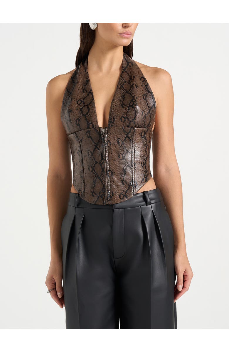 Manière De Voir Sloane Python Halterneck Corset Top, Main, color, Brown