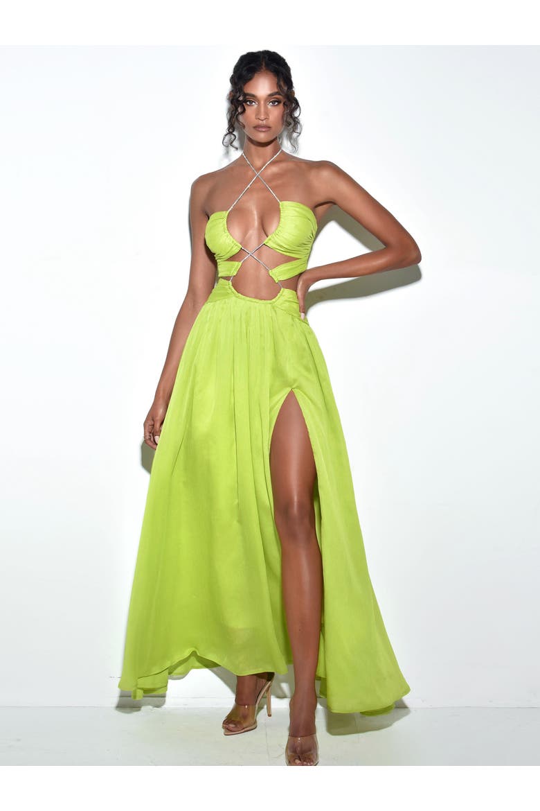 Quinby Chiffon Pleated Lace Up Maxi Dress, Main, color, Lemon