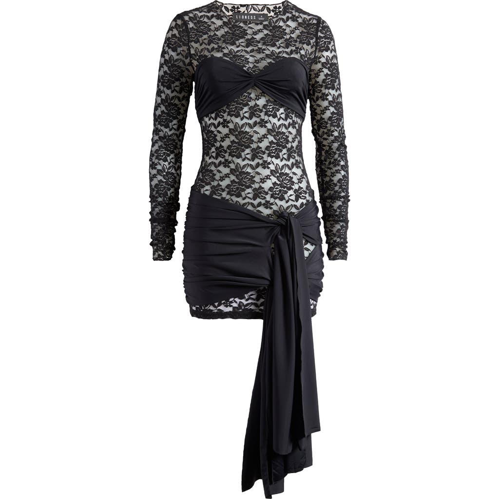 Lioness Midnight Long Sleeve Semisheer Lace Minidress In Onyx