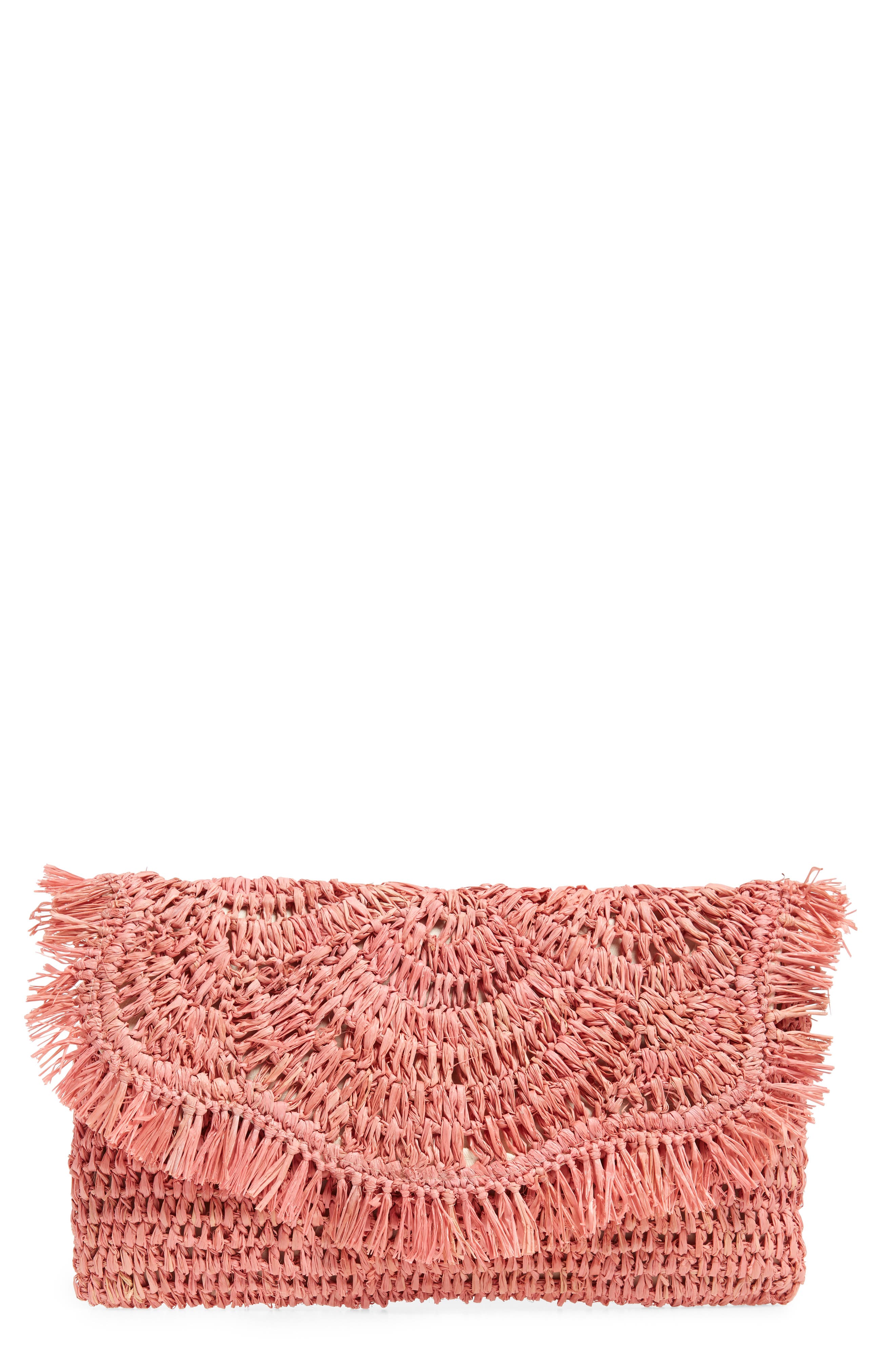 Woven Raffia Clutch, Main, color, PINK LEMONADE