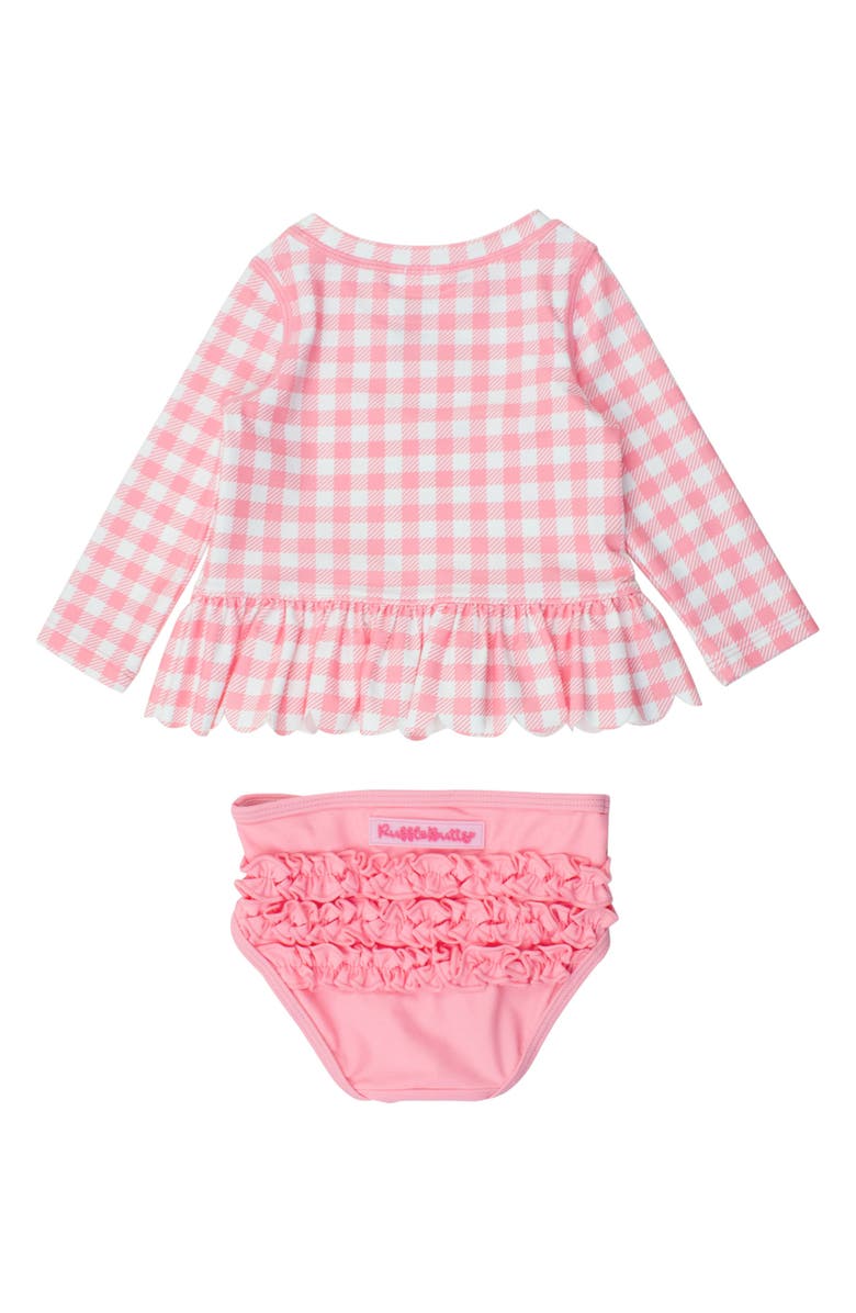 RuffleButts Gingham Scallop Hem Long Sleeve Two-Piece Rashguard Swimsuit, Alternate, color, Pink