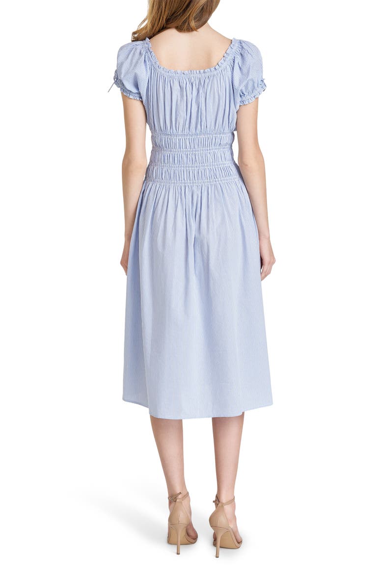Adelina Stripe Shirred Cotton Midi Dress, Alternate, color, BLUE-IVORY STRIPE
