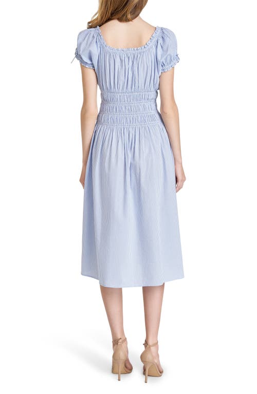 Wayf Adelina Stripe Shirred Cotton Midi Dress In Blue-ivory Stripe