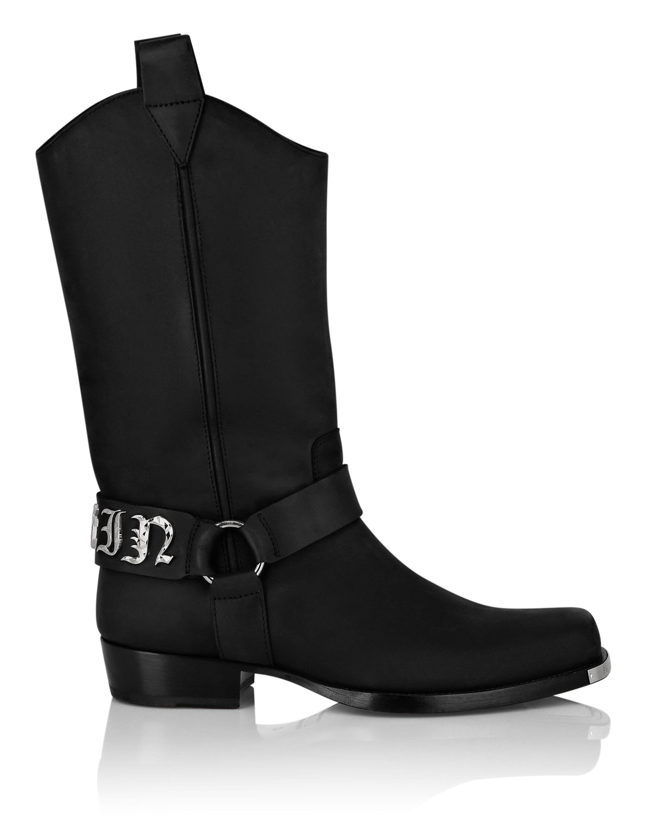 PHILIPP PLEIN Leather Boots Flat High Gothic Plein Men, Alternate, color, Black