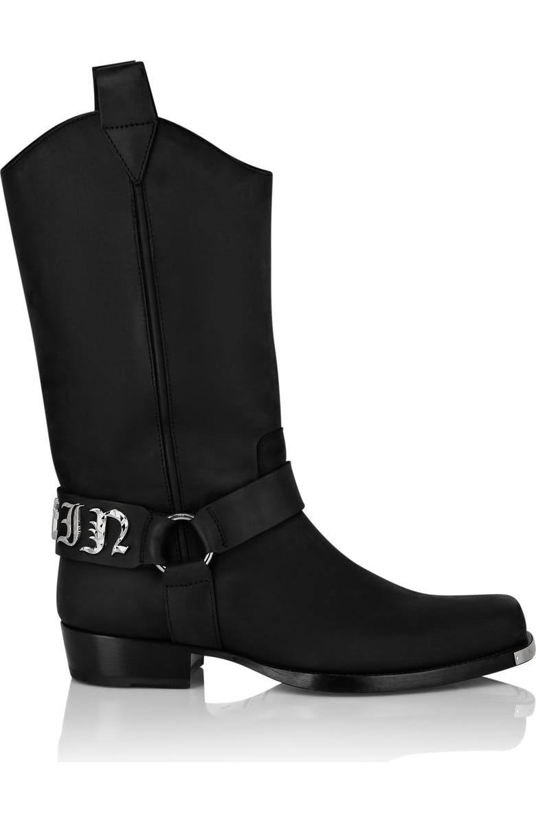 PHILIPP PLEIN Leather Boots Flat High Gothic Plein Men, Alternate, color, Black