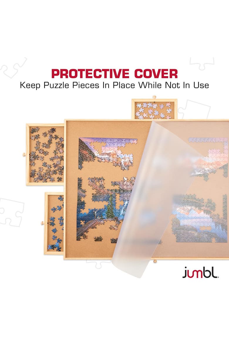 1500-Piece Wooden Puzzle Board with Drawers, Foldable Legs & Cover, Alternate, color, Beige