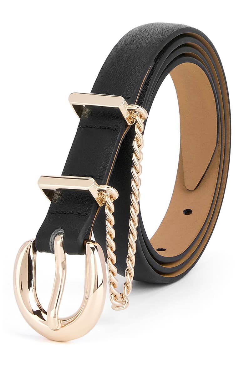 Chain Buckle Leather Belt, Alternate, color, BLACK