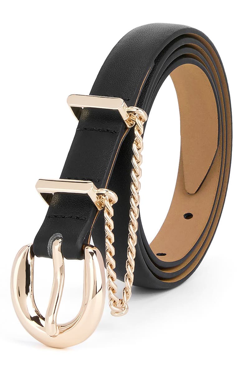 Ettika Chain Buckle Leather Belt, Alternate, color, Black