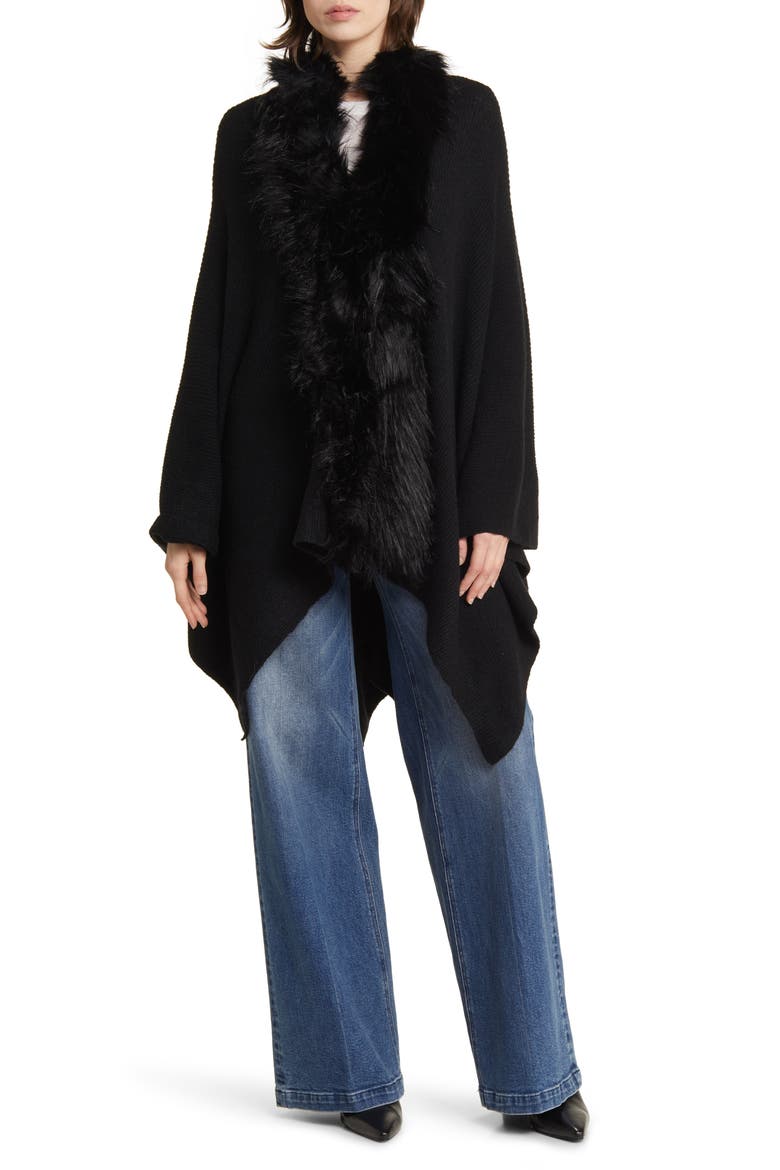 Ruana With Faux Fur Trim, Alternate, color, BLACK