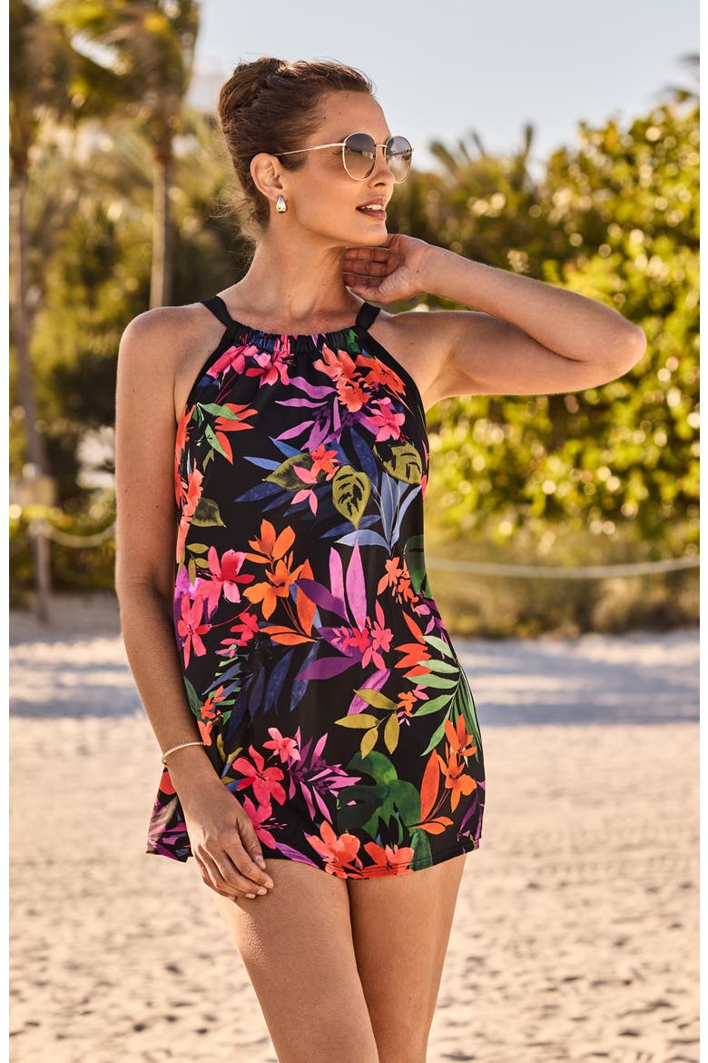 Halter Swim Dress, Alternate, color, Pretty Garden
