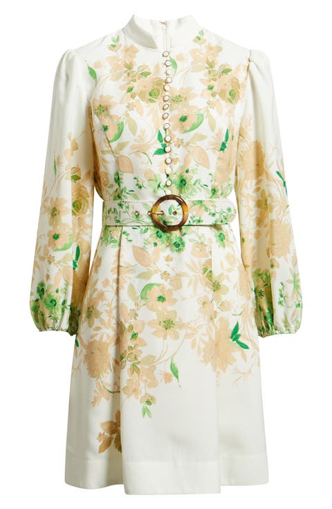 Border Print Belted Long Sleeve Dress (Petite)