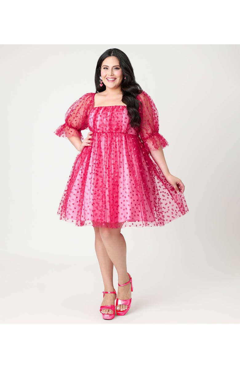 Smak Parlour Plus Size Puff Sleeve Love Interest Babydoll Dress, Main, color, Hot Pink W/ Hearts