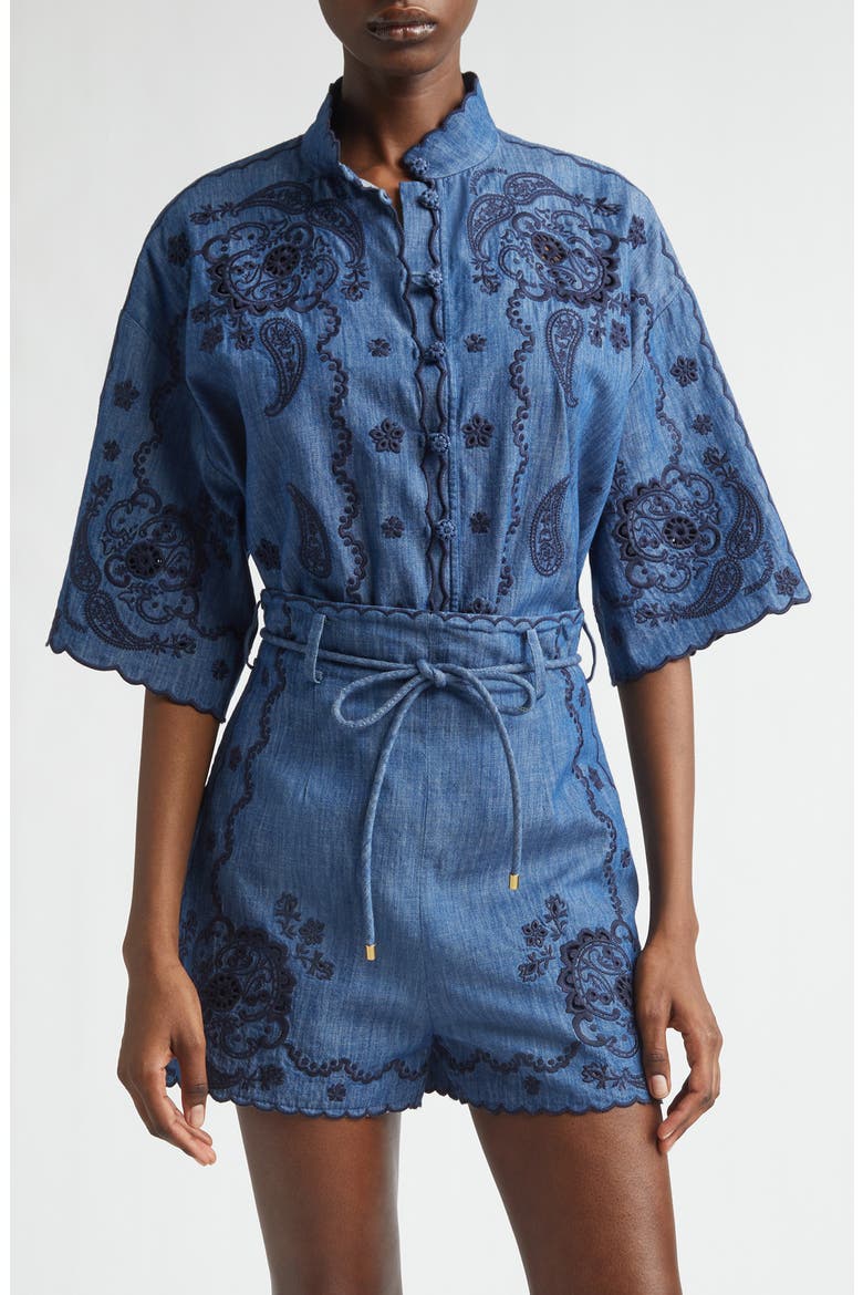 Aster Paisley Embroidered Denim Shirt, Main, color, RAILWAY BLUE