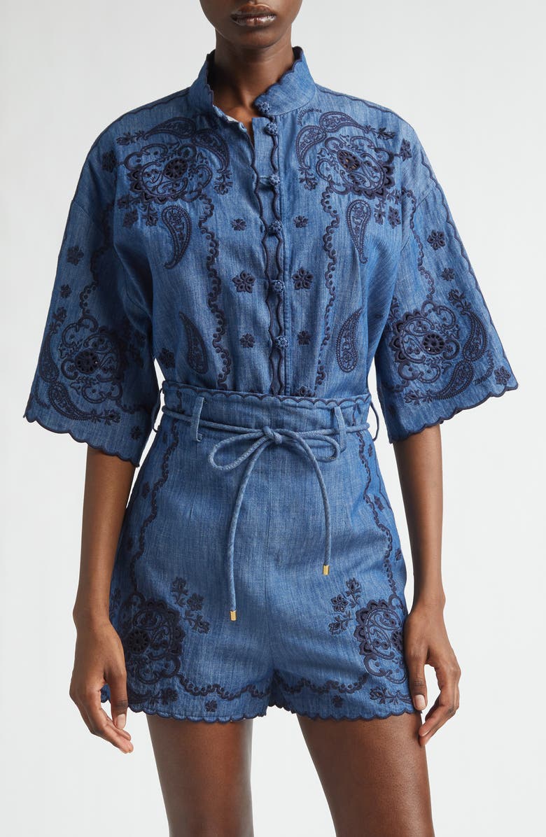 Zimmermann Aster Paisley Embroidered Denim Shirt, Main, color, Railway Blue