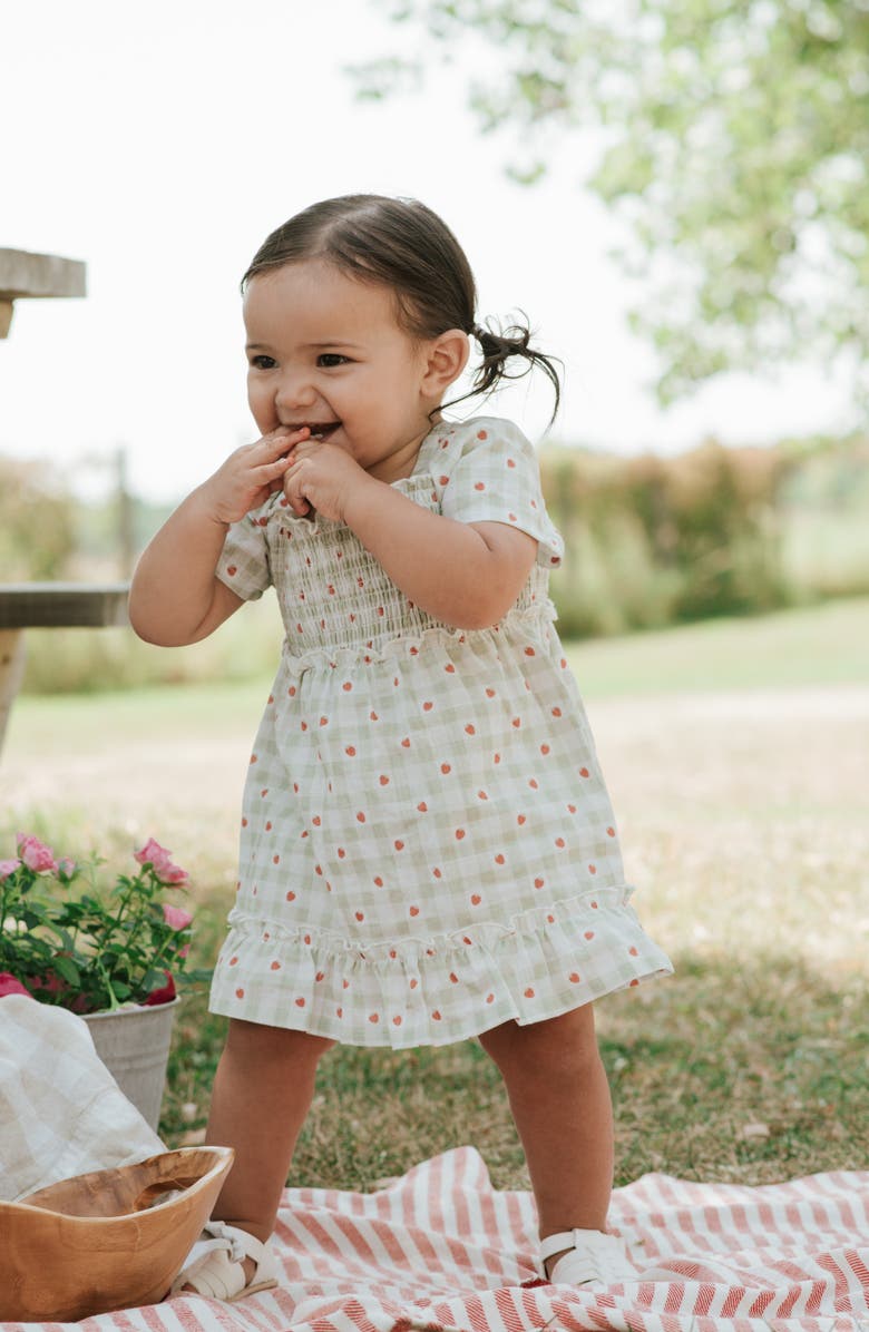 Petit Lem Strawberry Gingham Print Organic Cotton Dress & Bloomers Set, Alternate, color, Light Green