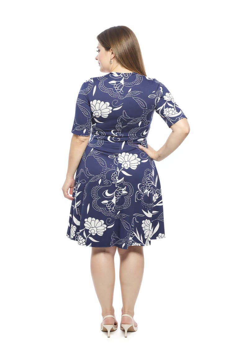 Plus Size Floral Scoop Neck Elbow Sleeve Knee Length A-Line Dress, Alternate, color, Navy Multi