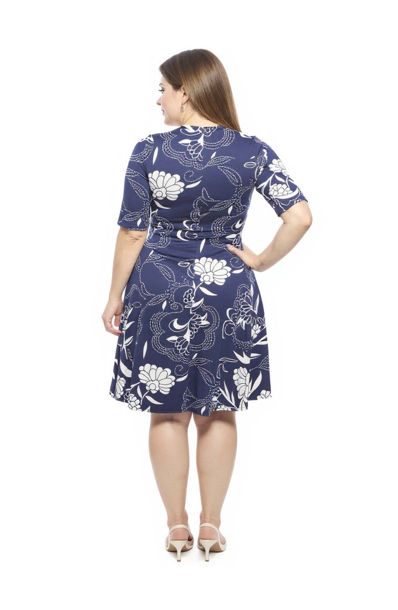 24seven Comfort Apparel Plus Size Floral Scoop Neck Elbow Sleeve Knee Length A-Line Dress, Alternate, color, Navy Multi