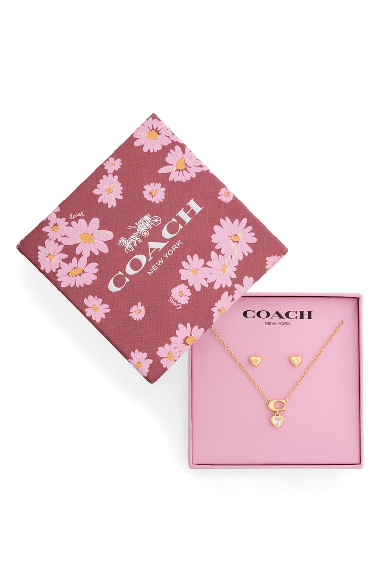 COACH Cubic Zirconia Heart Necklace & Stud Earrings Boxed Set, Alternate, color, Crystal/ Gold