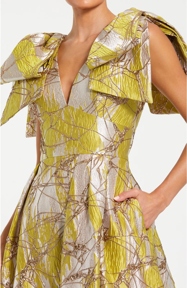 Mac Duggal Layered Shoulder Metallic Jacquard A-Line Gown, Alternate, color, Lime