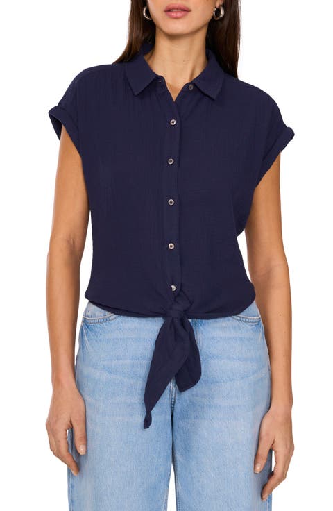 Tie Hem Cotton Button-Up Shirt