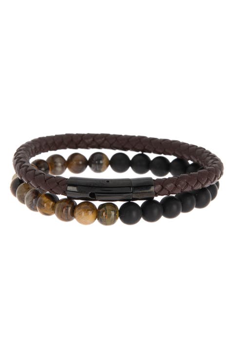 Men's Set of 2 Leather & Beaded Bracelets