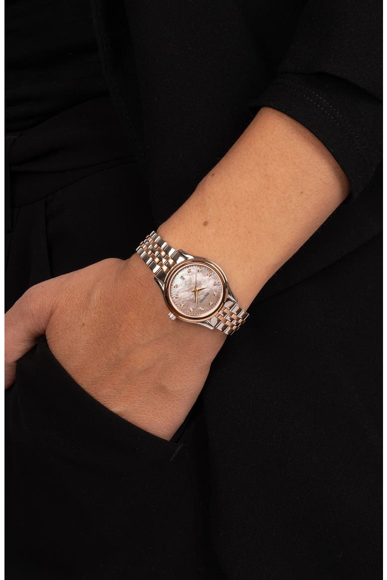 Beleganza Diamond & Mother-of-Pearl Bracelet Watch, 27.5mm, Alternate, color, TWO TONE STEEL ROSE PVD