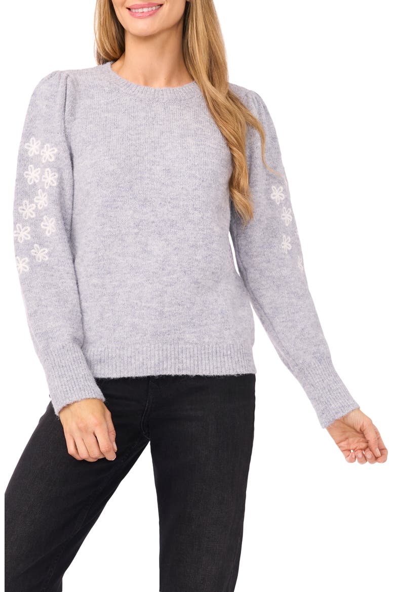 Floral Embroidered Crewneck Sweater, Main, color, BLUE GREY HEATHER