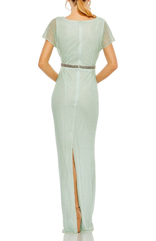 Mac Duggal Short Sleeve Beaded V-neck Gown In Sage