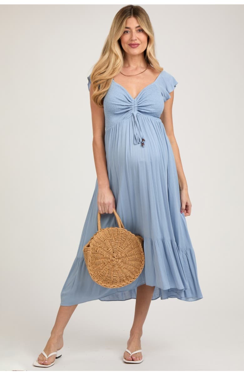 PinkBlush Smocked Ruched Ruffle Hem Maxi Dress, Main, color, Light Blue