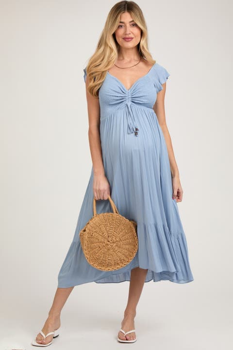 Smocked Ruched Ruffle Hem Maxi Dress