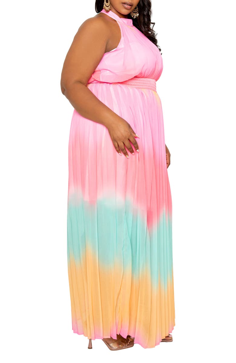BUXOM COUTURE Rainbow Ombré Pleated Halter Maxi Dress, Alternate, color, 