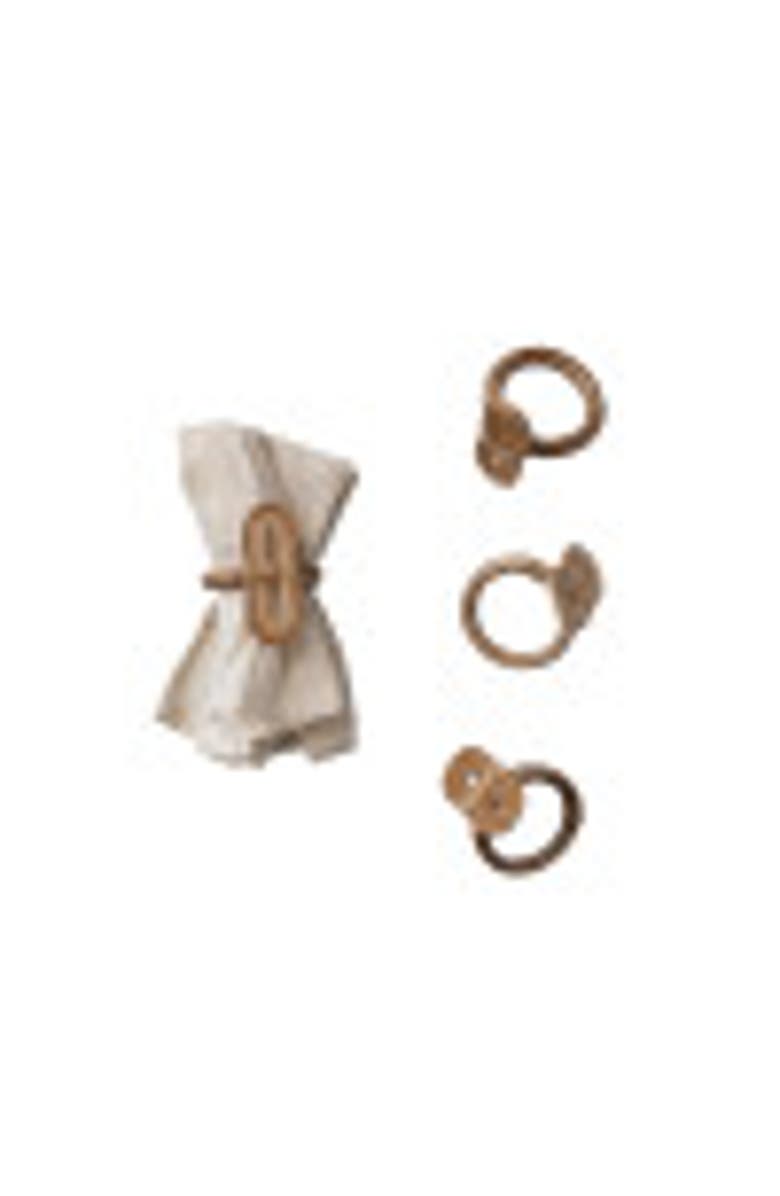 Storied Home Boho Woven wood Napkin Rings in Linen Drawstring Bag, Set of 4, Alternate, color, Natural