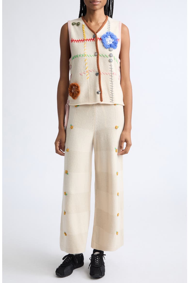 Daisy Check Embroidered Lambswool Vest, Main, color, ALMOND/ CHALK
