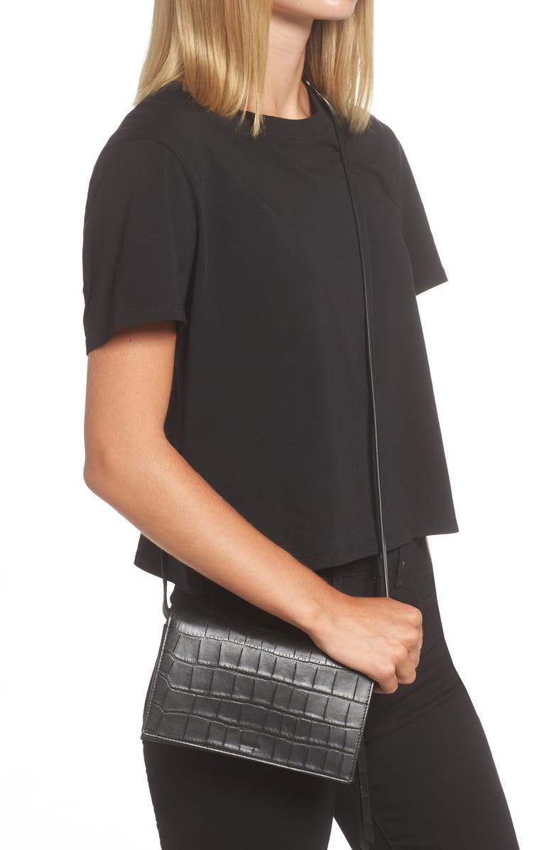 AllSaints Fetch Croc Embossed Leather Chain Crossbody Wallet, Alternate, color, Black Croc